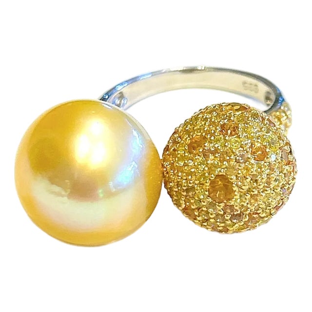 Bochic “Orient” Vintage South Sea Pearl & Sapphire Ring Set 18K Gold & Silver For Sale