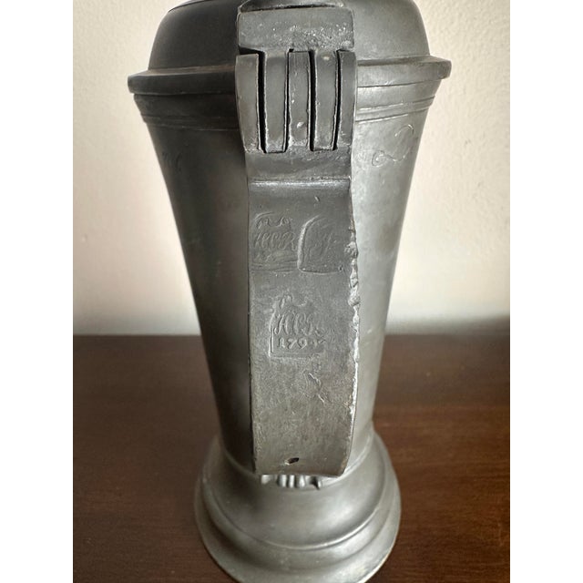 Dark Gray Antique 18th Century German Pewter Hand Etched Lidded Beer Stein for a Tradesman Stamped 1799 For Sale - Image 8 of 12
