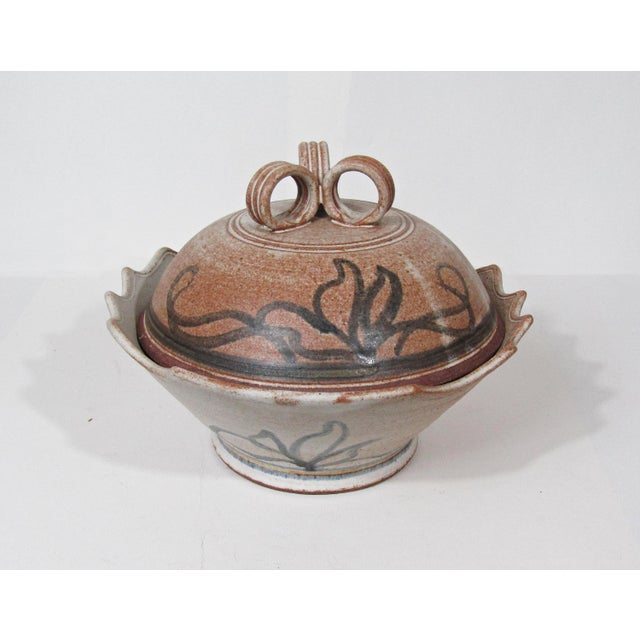 1990s Studio Pottery Stoneware Lidded Bowl Dish With Double-Loop Finial Signed Hansen For Sale - Image 4 of 13