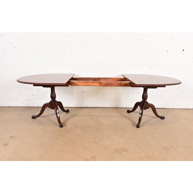 Baker Furniture Style Georgian Carved Walnut Double Pedestal Extension Dining Table, Newly Refinished For Sale In South Bend - Image 6 of 14