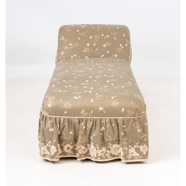 Victorian Floral Pattern Upholstered Chaise Longue, in beige and white, on four turned wood feet. 25.5" H x 69" W x 27" D;...