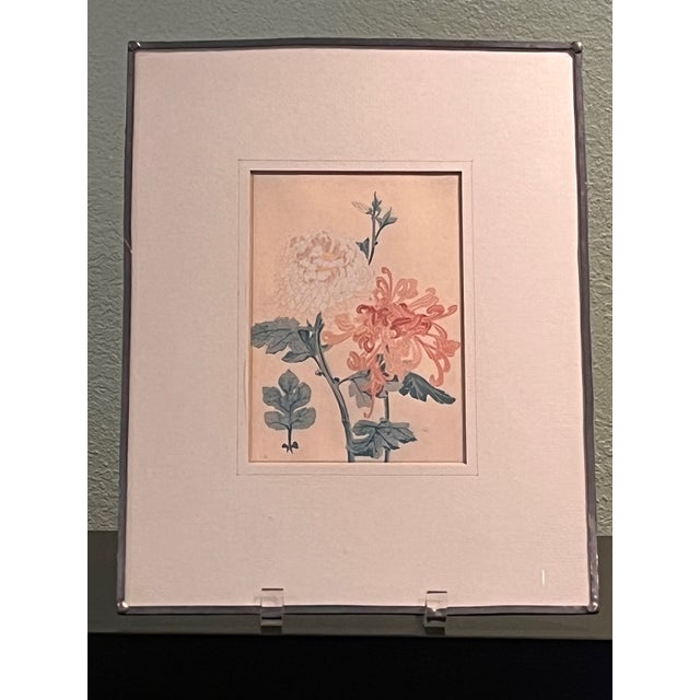 Metal Vintage Signed Monogram Botanical Woodblock Print Chrysanthemums Metal Frame 14x11 For Sale - Image 7 of 7