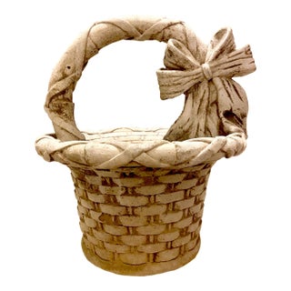 1960s Mid- Century Concrete Planter Basket With Handle, Woven Design and a Bow Detail. For Sale