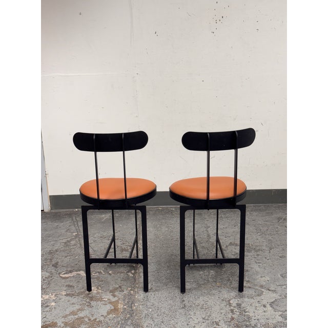 2010s Michael Oren Design Custom Porter Place Style Swivel Faux Leather Counter Stools, Pair For Sale - Image 5 of 12