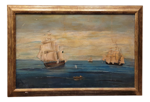 French Artist, Naval Battle, 1800s, Oil on Board, Framed
