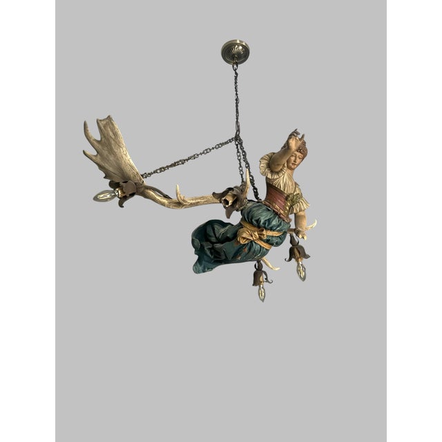 Figurative Antique Lusterweibchen Chandelier (Often Called a Bar Maiden or Forest Maiden Antler Chandelier), Originating From Germany For Sale - Image 3 of 8