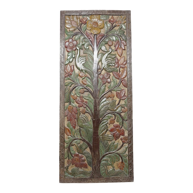 Vintage Tree of Life Hand-Carved Barn Door Panel | Rustic Earthy Wood Wall Art 84x36 For Sale