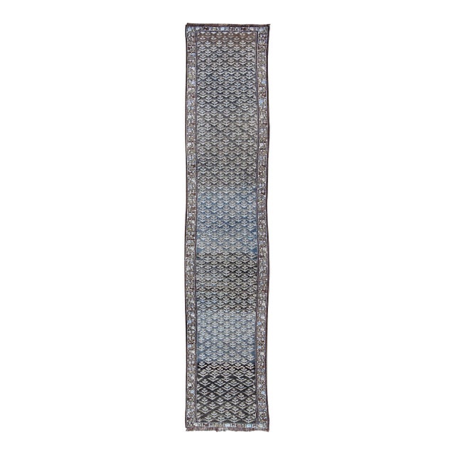 Antique Persian Runner With in Steel Blue, Gray and Brown 2'5 X 12' For Sale