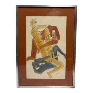1974 Mid-Century Modern Cubist Interlocking Nude Watercolor Signed Gigi Aramescu – 21.5x30 For Sale