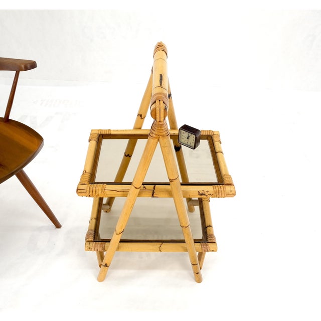 Smoked Glass Two Tier Burnt Bamboo "A" Frame Top Handle Occasional Side Table Stand MINT! Top "handle" allows convent...