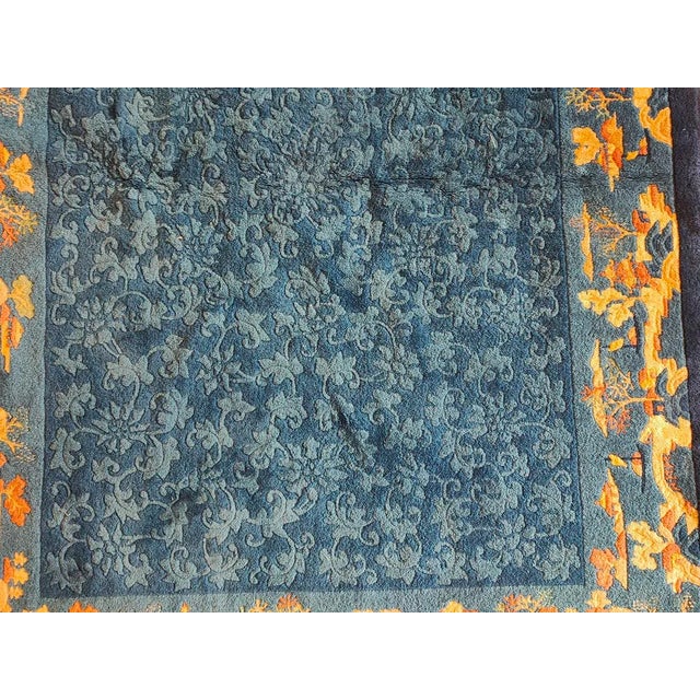 Textile Vibrant Blue Color With Gold Figurative Borders Antique Chinese Peking Rug For Sale - Image 7 of 7