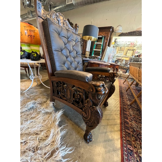 Gothic Early 20th Century Ornately Carved Quarter Sawn Oak Throne Chair For Sale - Image 3 of 9