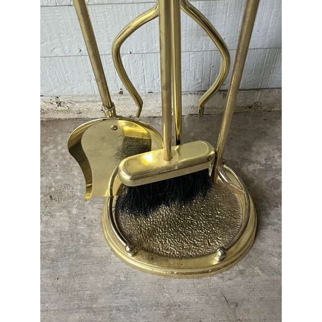 1990s Vintage Solid Polished Brass 5-Piece Fireplace Tool Companion Set For Sale - Image 5 of 11