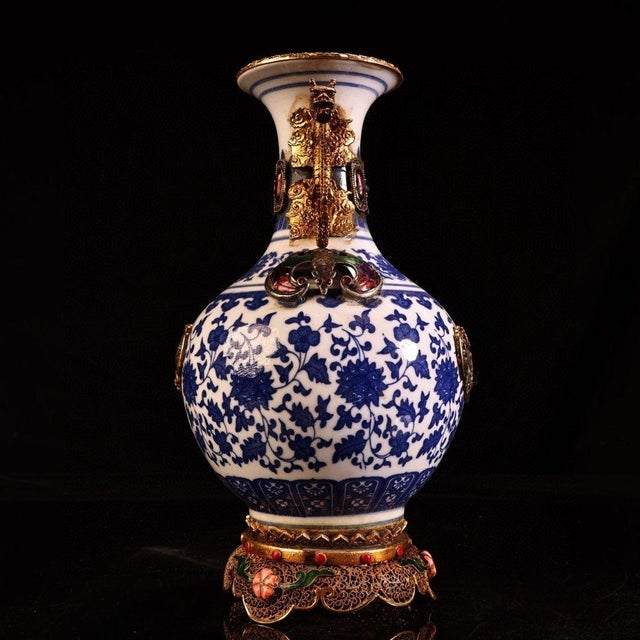 Vintage Chinese Blue and White Porcelain Vase With Gilt Bronze Dragon Handles and Elaborate Stand For Sale In Los Angeles - Image 6 of 9