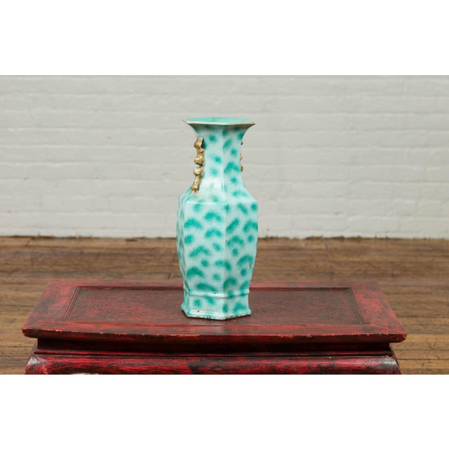 Vintage Chinese Turquoise Vase with Spotted Design and Hexagonal Neck For Sale - Image 9 of 10