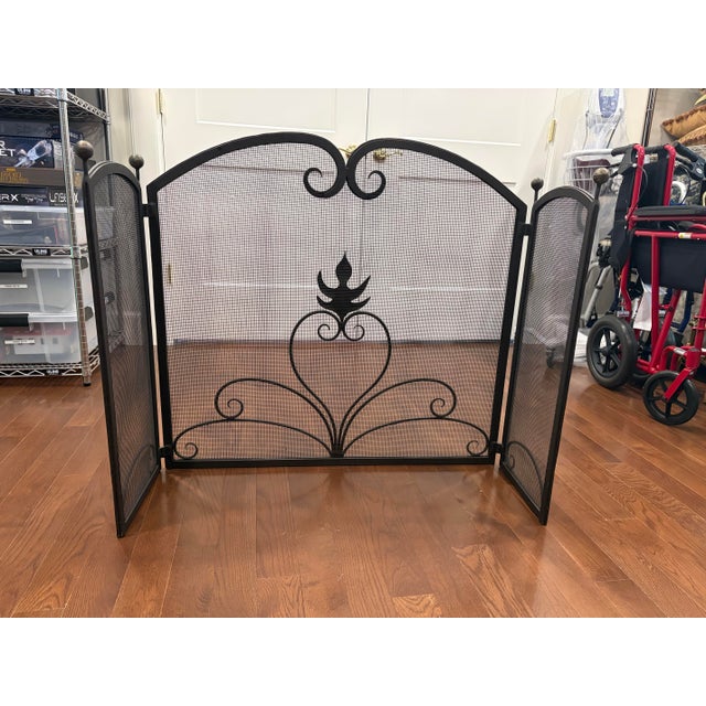 Metal Vintage Hand-Forged Wrought Iron Fireplace Hearth Set: Contemporary 3-Piece Screen & Pair of Andirons For Sale - Image 7 of 12