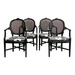 Faux Bois Black Dining Arm Chairs Marimekko Upholstery - Set of 4 For Sale