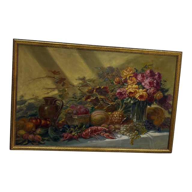 Antique Still Life Oil Painting Floral Fruit Lobster Gilt Wood Frame Signed For Sale