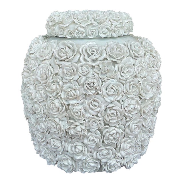 Chinese Export Blanc De Chine Style Tozai Porcelain Ginger Jar W/ Applied Roses For Sale