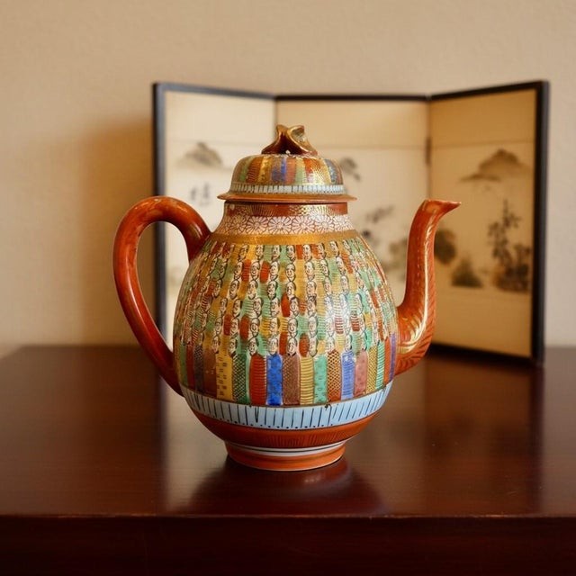 Vintage Japanese 1000 Thousand Faces Teapot-Hand Painted Porcelain-Kutani Style For Sale - Image 10 of 11