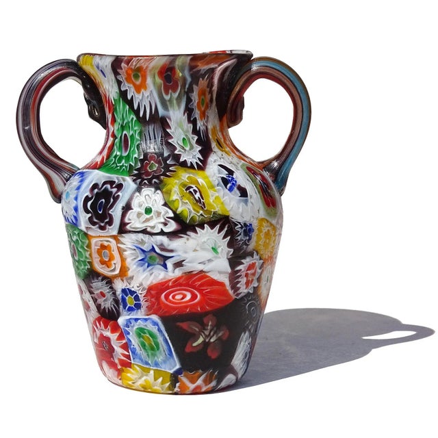 Beautiful antique Murano hand blown millefiori flower mosaic Italian art glass decorative double handle cabinet vase....