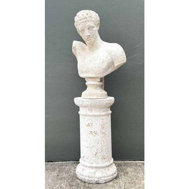 Vintage Faux Coral Cast Plaster Bust of Hermes on Pedestal For Sale - Image 11 of 12