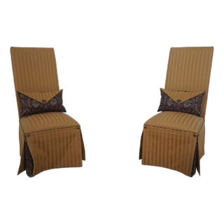 Pair of Upholstered Skirted Parsons Host High Back Chairs For Sale