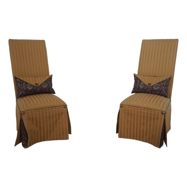 Pair of Upholstered Skirted Parsons Host High Back Chairs For Sale