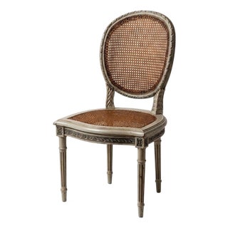 Vintage French Louis XVI Style Painted Wood & Cane Medallion Side Chair For Sale
