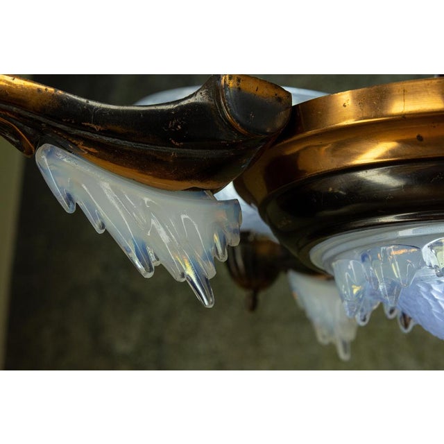Art Deco French Coppered Metal and Opalescent Glass Chandelier from Ezan, 1930s For Sale - Image 9 of 18