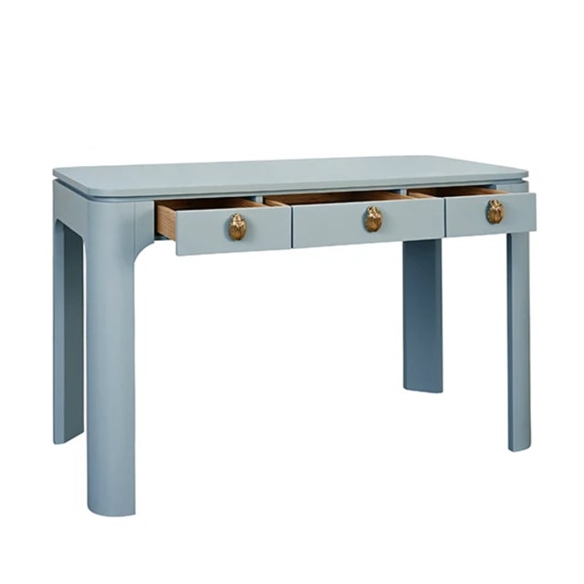 Contemporary Matthew Izzo Home Theo Light Blue Matte Lacquer Desk With Brass Beetle Knobs For Sale - Image 3 of 11