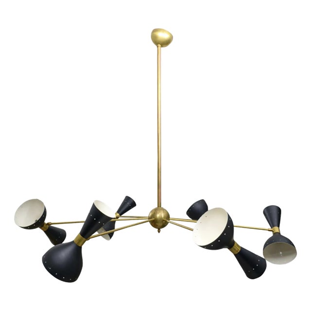 Mid-Century Inspired Six-Arm Brass Fixture With Articulated Black Shades For Sale