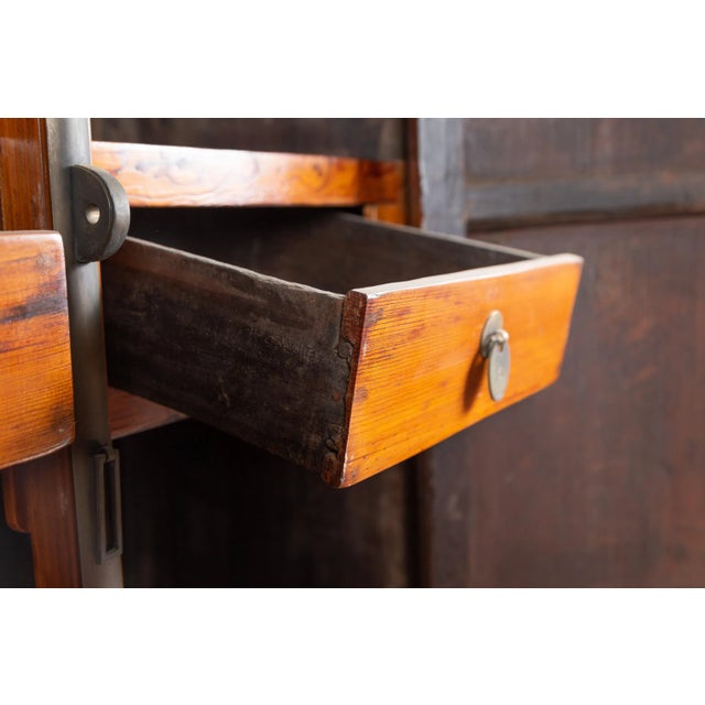 Asian Chinese Ming Style Elm Wardrobe with Two Doors, Hidden Drawers and Carved Skirt For Sale - Image 3 of 13