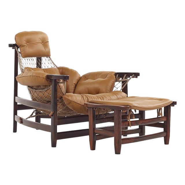 Jean Gillon Jangada Mid Century Brazilian Rosewood and Leather Lounge Chair With Ottoman For Sale