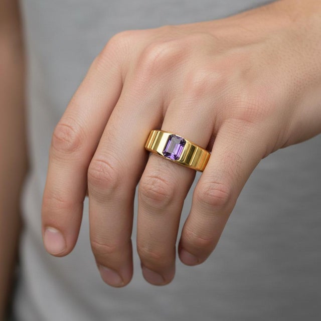 Not Yet Made - Made To Order Amethyst Solitaire Ring for Men Silver, Gold, Size 9.5 For Sale - Image 5 of 6