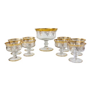 Leone Di San Marco Venetian Glass With Gold Banding Compote Serving Set of 9 For Sale
