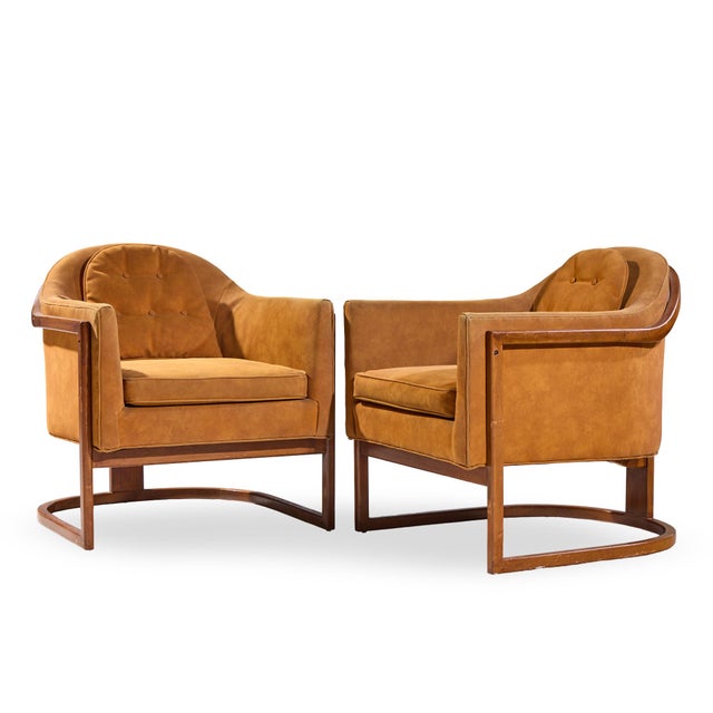 Mid-Century Modern Harvey Probber Mid Century Walnut Barrel Lounge Chairs - Pair For Sale - Image 3 of 12