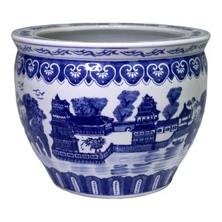 Vintage Chinese Porcelain Planter With Hand Painted Blue & White Temples & Lakes 14" For Sale