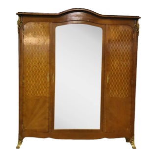 French Inlaid Marquetry Louis XV Style Mirrored Triple Armoire Bronze Ormolu For Sale