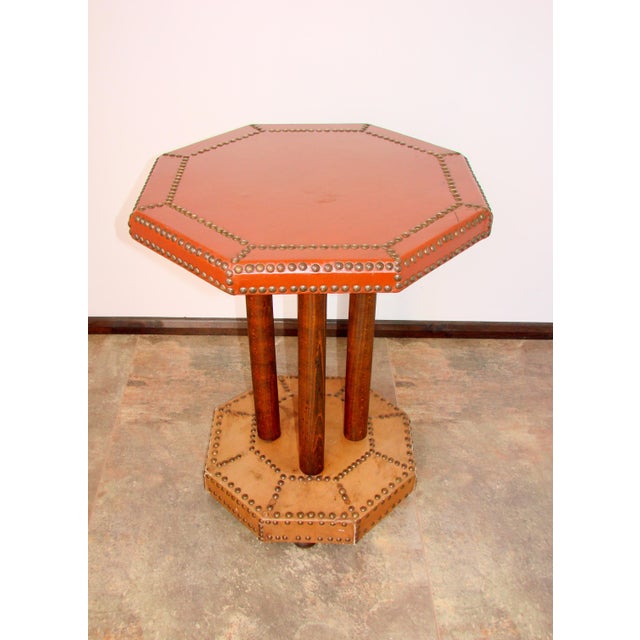 Wood Vintage Coffee Table in Beech Wood and Leather, 1920s For Sale - Image 7 of 8