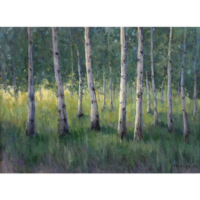 "Greens of Summer (The Assembly)" is an oil on panel landscape painting by Seth Winegar, completed in 2026. Pale aspen...
