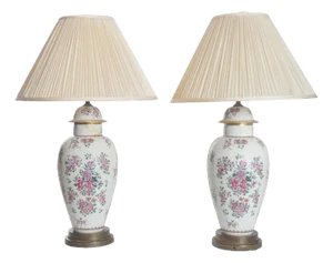 Antique French Edme Samson Armorial Pot With Lid Lamps, Pair Of