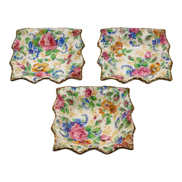 1930s James Kent Fenton "Rosalynde" Floral Chintz Nut Dishes - Set of 3 For Sale