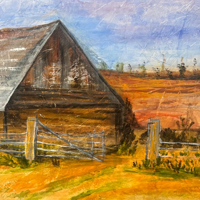 1990s Vintage Rustic Barn Landscape Painting Signed For Sale - Image 5 of 12
