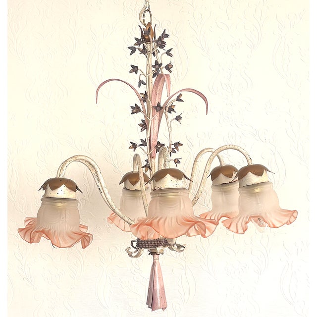 Vintage Italian White and Gold Patinated Metal and Glass Chandelier, 1970s For Sale - Image 12 of 15