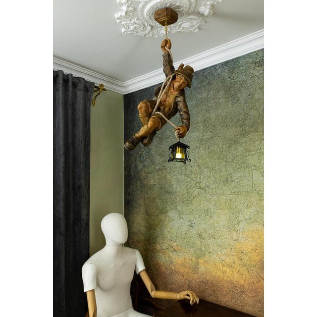 Large German Black Forest Carved Wood Mountaineer with Lantern, 1950s For Sale - Image 9 of 18