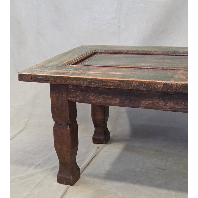 Indian Vintage Teak Coffee Table Made From an Old Reclaimed Door With Green Paint For Sale - Image 3 of 16