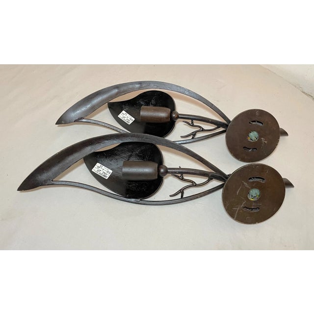 Contemporary Pair of Handmade Italian Bronze Patinated Cast Iron Leaf Wall Sconce Fixtures For Sale - Image 18 of 18