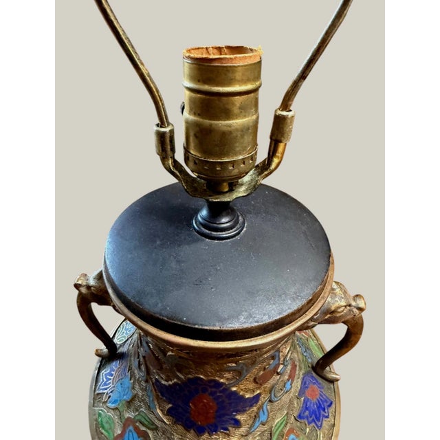 Vintage Chinese Champleve Brass Dragon Phoenix Elephant Handle Table Lamp For Sale - Image 4 of 10