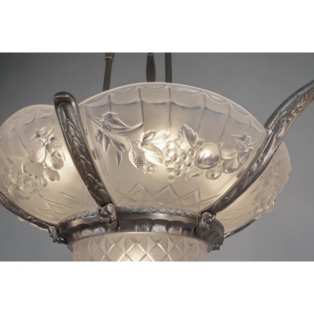 Gilles French Art Deco Multi-Light Chandelier 1930s - Fruit Motif Frosted Glass For Sale - Image 6 of 12
